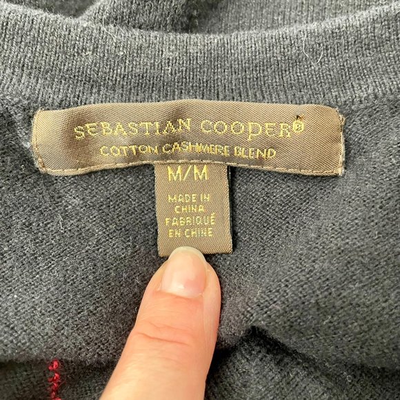 Sebastian Cooper Cashmere Cotton Blend V Neck Argyle Sweater Black Grey, Size M - Picture 5 of 5